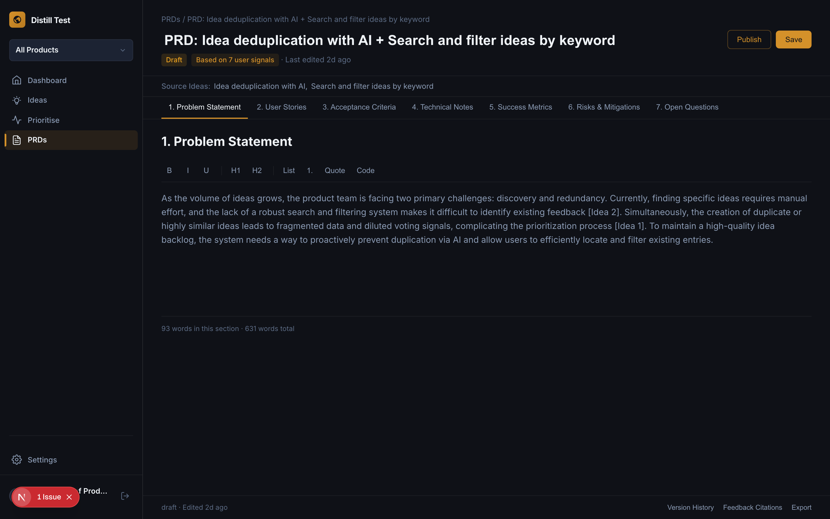 Generated PRD with structured sections and inline citations back to user feedback